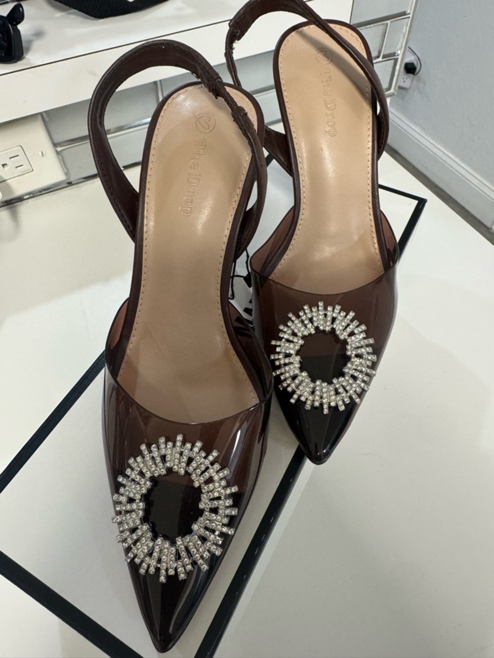 The Drop Women’s Dark Brown Pointed Slingback Heels with Crystal Sunburst - Picture 6 of 7